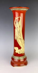 Rare Roseville "Olympic" Classical Lady Vase: Rare piece of Roseville Pottery in the olympic design, having a full figured classical lady decorating an orange red background with repeating bands around the rim and foot, marked on bottom "Rozanne