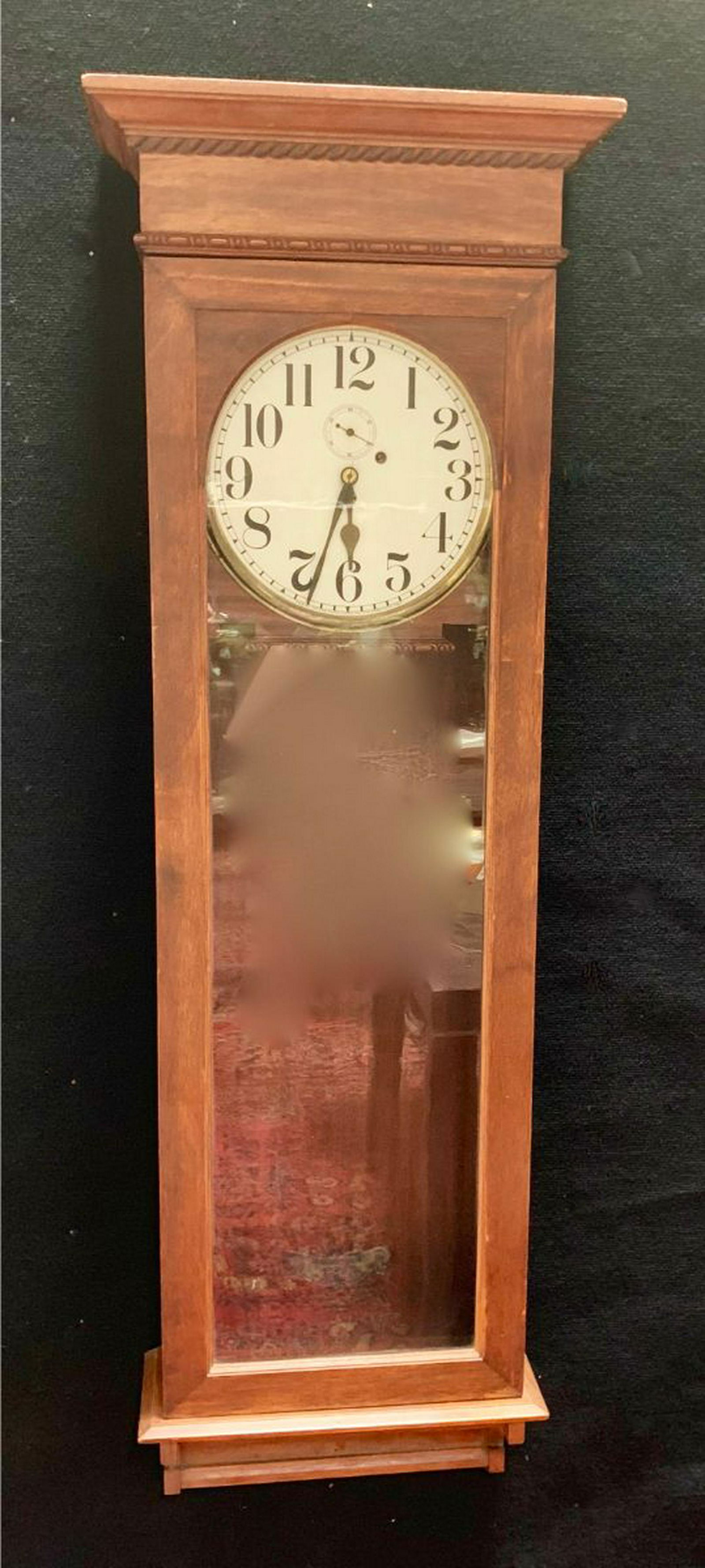 New Haven Jeweler's Regulator Clock: Made of walnut, has second hand dial, missing pendulum, weights and key, clock appears to be in good condition, clocks are not guaranteed and are sold as is, 62" x 16.25"