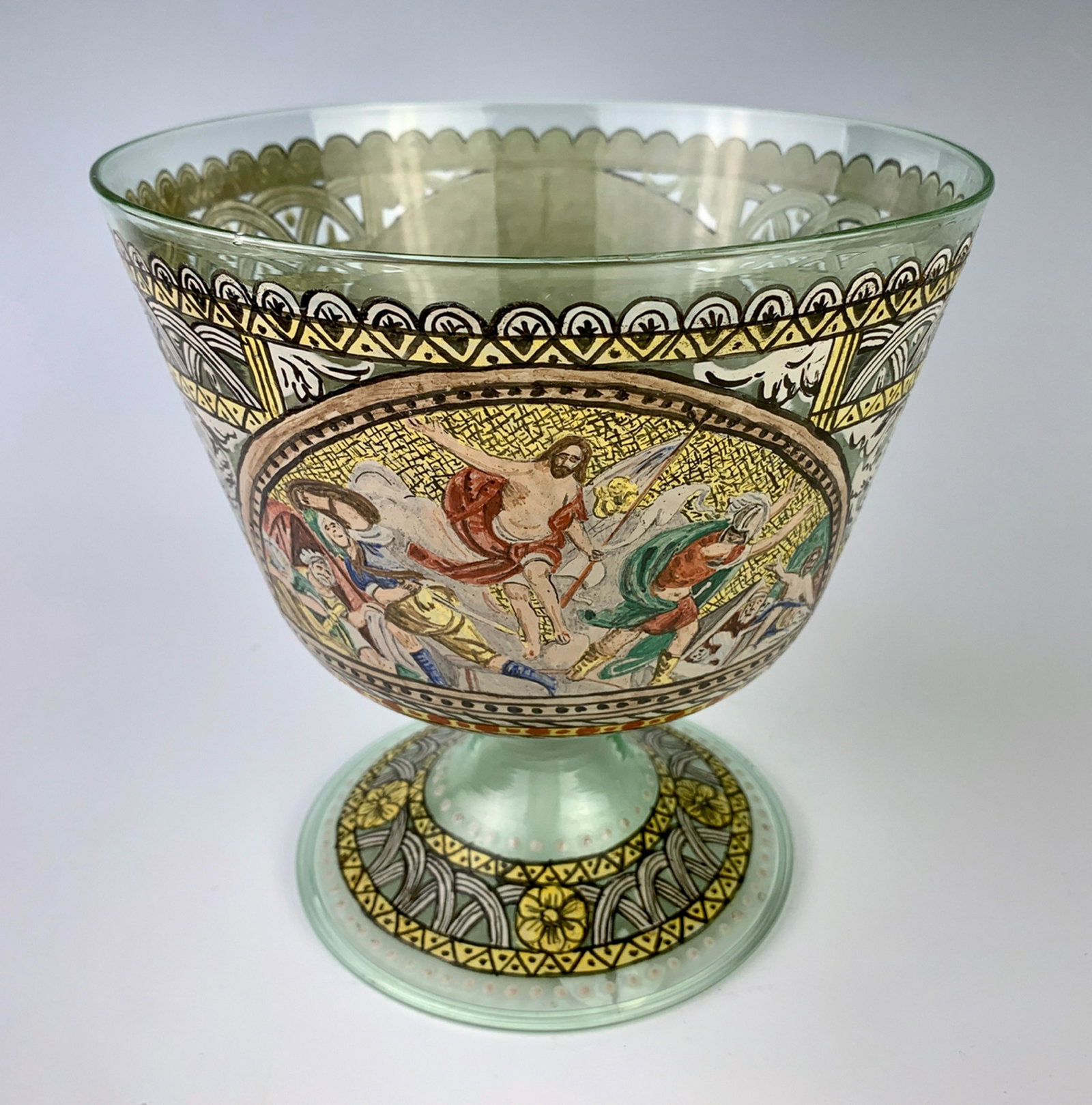 Venetian Enamel on Glass Religious Scene Bowl: Having a glass compote decorated with enamel scenes of religious subject matter, good condition, 7" x 6.5"