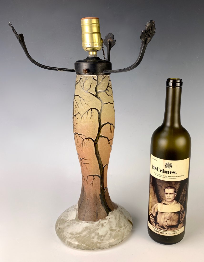 Signed LeGras Cameo Glass Lamp Base: Having a winter snow and tree cameo glass base, signed in cameo "LeGras", very good condition, 15.5" base to top of arms