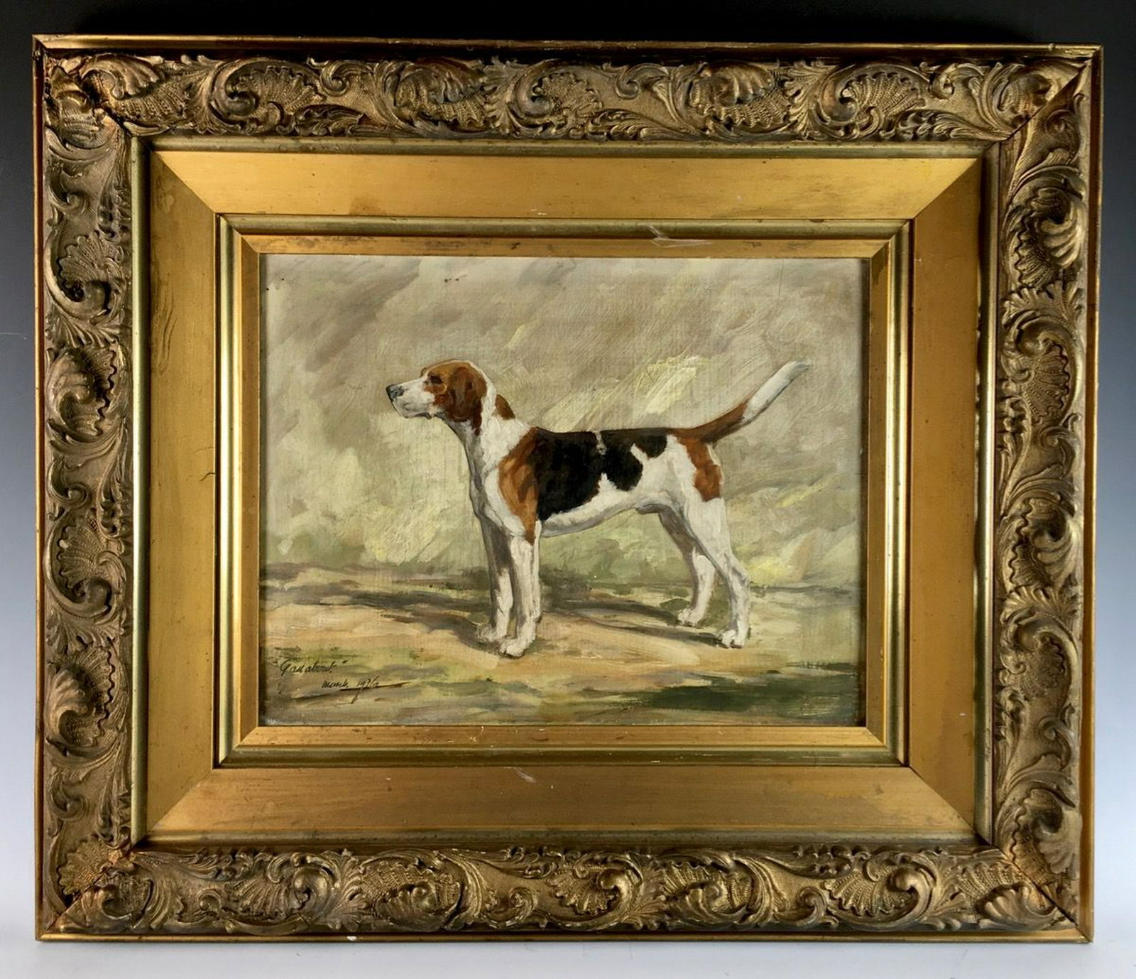 "Gadabout" Oil on Board Painting Sgd. March 1936: Charming dog painting of a beagle, mounted in ornate antique frame, signed and dated lower left "Gadabout, March 1936", good condition, 25" x 30" with frame