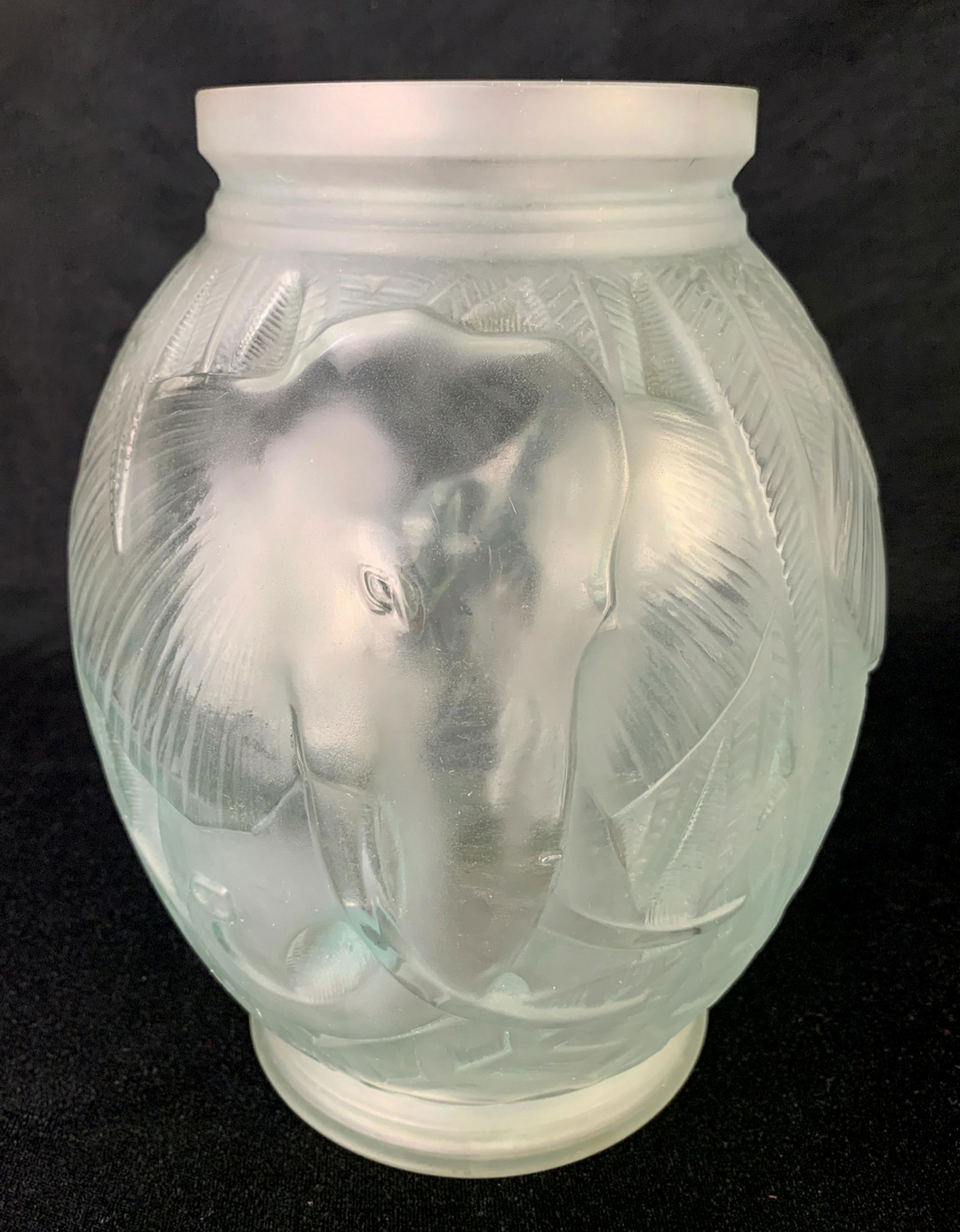 Pierre D' Avesn (1901-1990) Elephant Blowout Vase: Circa 1930's, having a white frosted raised relief elephant vase, made in France by Pierre D'Avesn, signed on bottome "P. Avesn France", very good condition, 8.75" x 6.5"