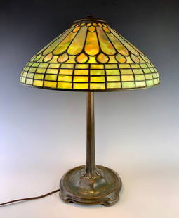 Tiffany Studios Jeweled Feather Table Lamp: Having beautiful conical mottled glass leaded shade mounted on a signed Tiffany Studios standard lamp base, shade signed "Tiffany Studios New York 1439-23", base is signed "Tiffany Studios New York 53