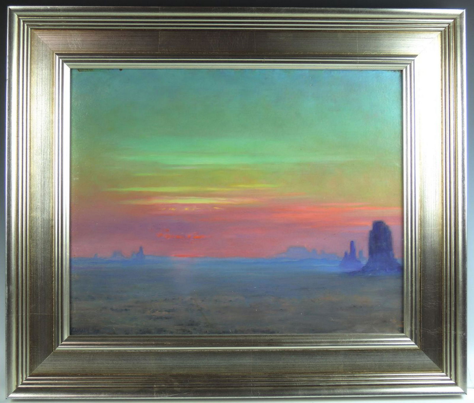 Theodore Lukits "Sunrise" Painting: Theodore Lukits (1897-1992), oil on board, scenic monument Valley painting, signed lower left "Lukits 22", mounted in frame, good condition, 16" x 20", framed 23" x 26.5"