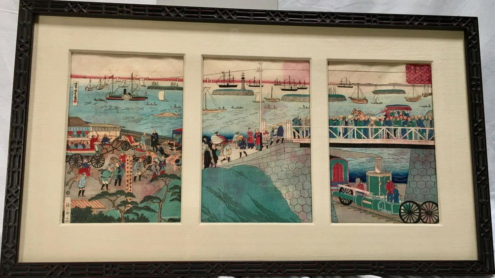 Japanese Woodblock Triptych "Tokyo Bay": Dated 1860, Yoshitora Utagawa, colors slightly running, 13" x 8.5" sight each, 21" x 37" with frame