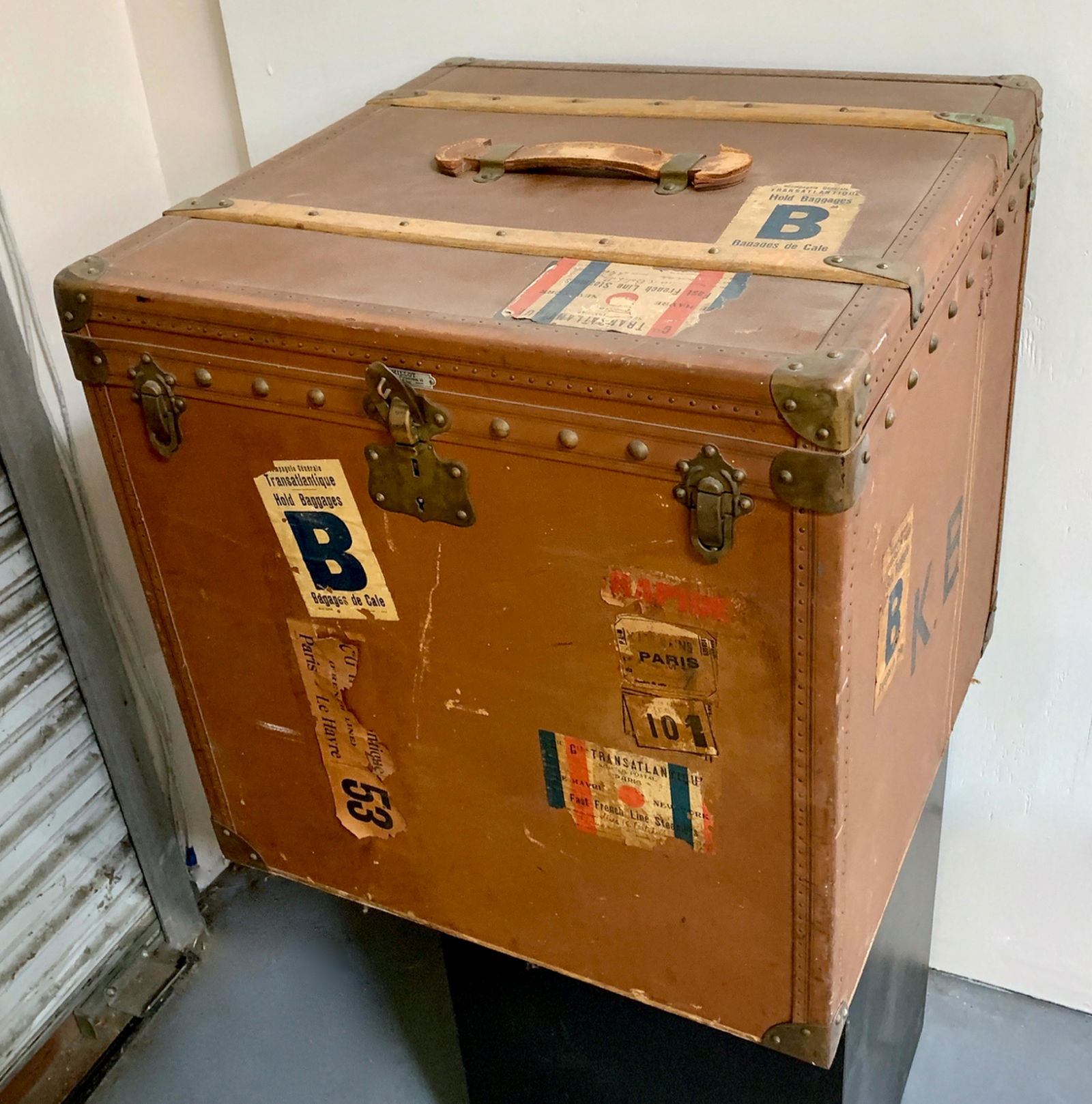 Large French Antique Hat Trunk, R. Millot C. 1880: Leather covered antique hat trunk made by Paris maker R. Millot, has a few traveling labels and initials "K.B" for Kate Batcheller of Saratoga N.Y. daughter of George Sherman Batcheller who was a memb
