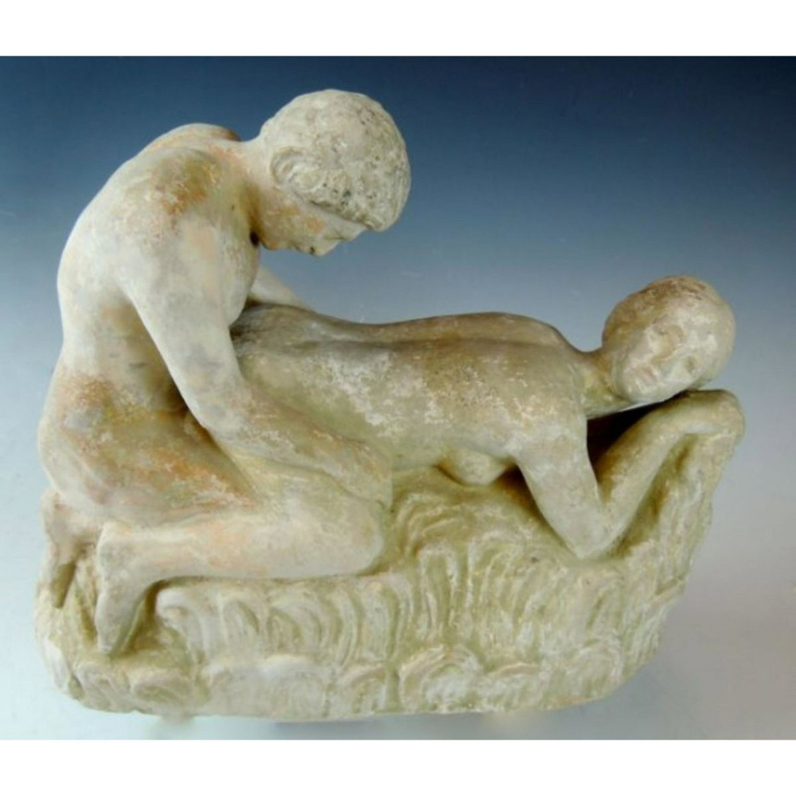 Erotica Figural Group in the Ancient Style: Terra cotta figurine, a couple in an erotic pose, in the ancient style, age unknown but appears to have some age, 8" x 10"