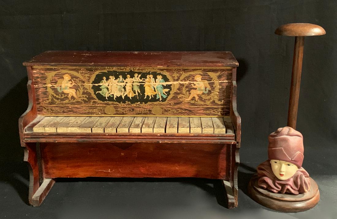 Shoenhut Miniature Piano and Hat Holder: Offering a child's toy Shoenhut piano and hat hodler, fair condition, 11" x 17"