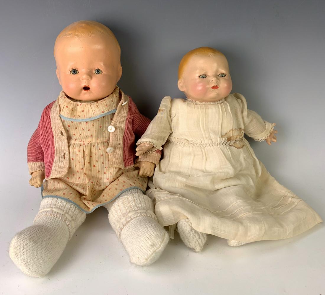 Two American Composition Head Babies: 16" American Composition Head Baby by Unknown Maker, C. 1930, blue tin sleep eyes, blond molded and painted hair, cloth body with composition arms, jointed at shoulders and hips, flange head, clothing