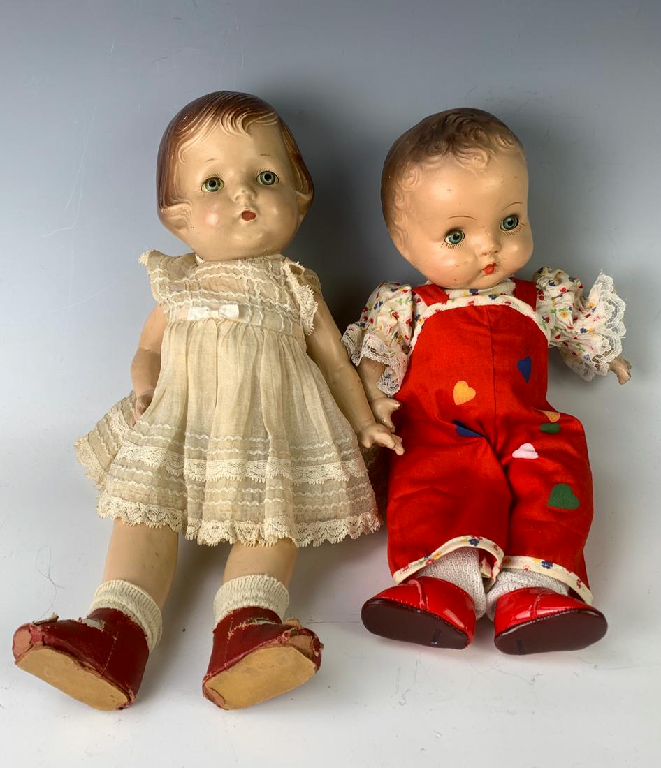 Lot of Two Dolls: 14" American Composition Head "Patsy" by Effanbee, C. 1930, blue/green tin sleep eyes, molded brown hair in bob style, jointed at shoulders and hips, flange neck, some paint rubbed off lips, rubs on b