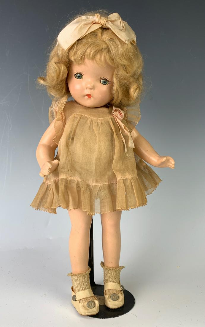 13" American Composition "Patsy Ann" by Effanbee: C. 1930, blue tin sleep eyes, blond mohair wig with ribbon, jointed at shoulders and hips, all original dress (discolored), very good condition