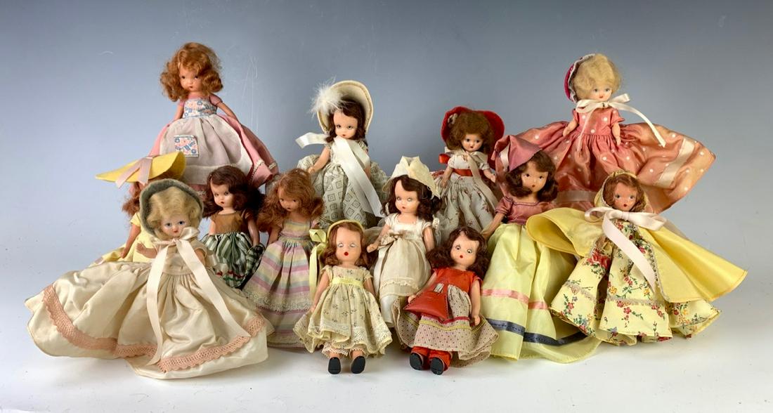 Lot of 10 Nancy Ann Storybook & 3 Nancy Ann Types: C. 1940's, five bisque and five plastic, five heart-shaped stands, fair condition