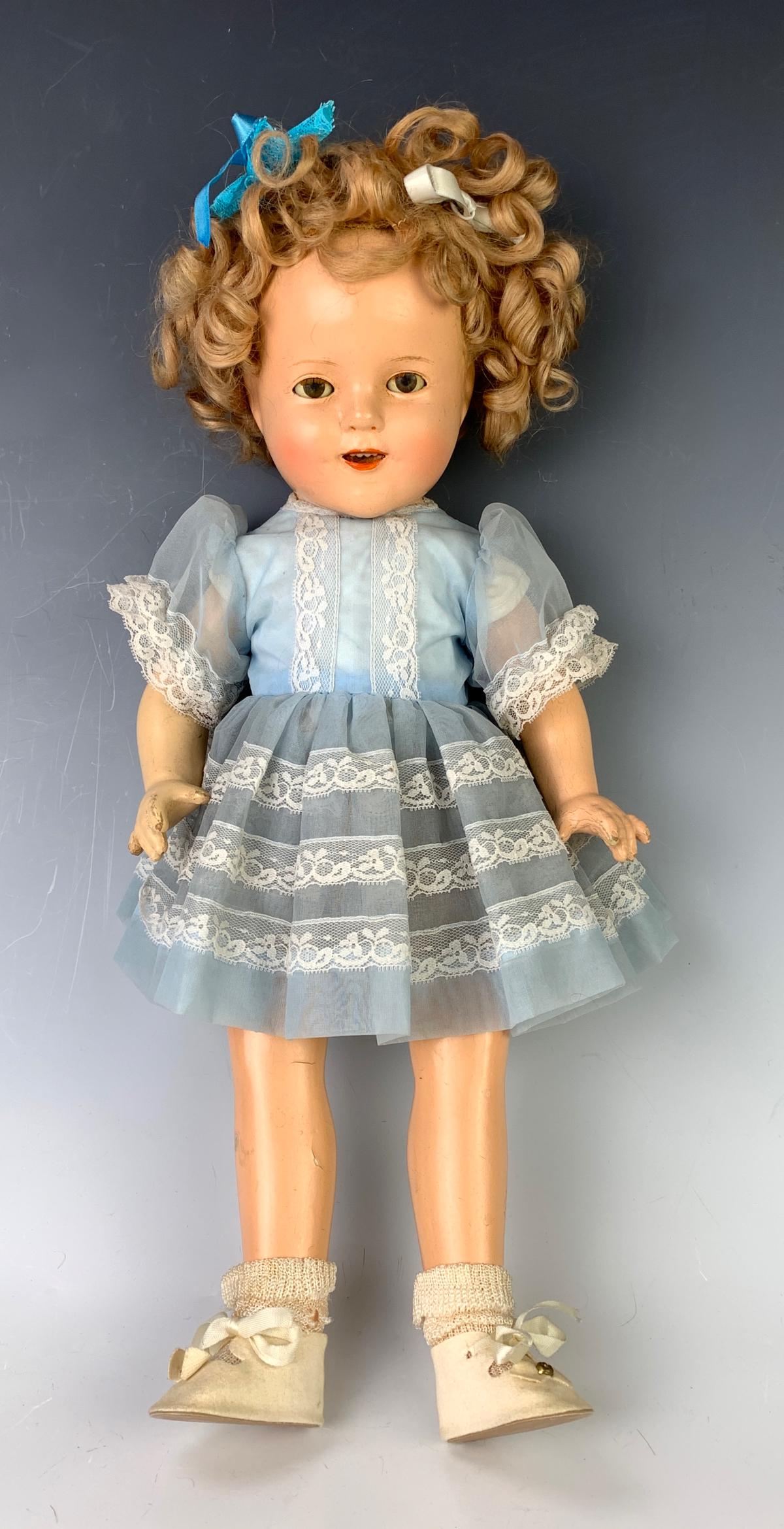 16" American Shirley Temple by Ideal (Unmarked): C. 1935, hazel sleep eyes (corroded) original blond wig, clothing vintage, good condition