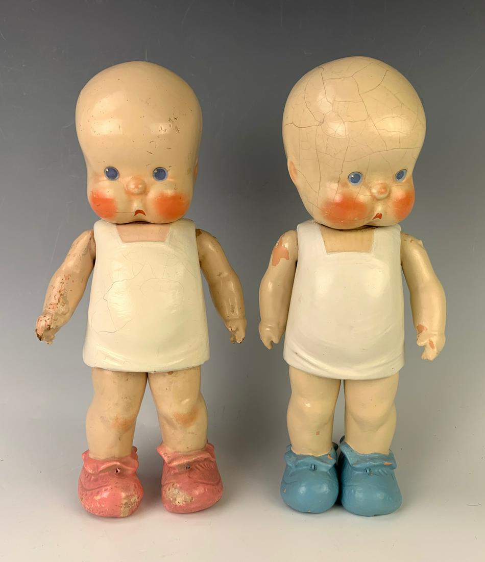 11" Pair American "Hebee and Shebee" Characters: C. 1920's, made of composition, blue painted eyes, painted mouth, flange composition heads on composition bodies jointed at shoulders and hips, boy's head has considerable crazing, both dolls have pai