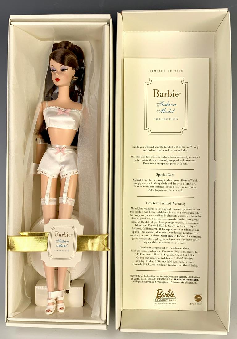 Collector "Lingerie Barbie by Mattel": C. 2000, made for Fashion Model Collection, brunette, silkstone hard plastic intended to mimic porcelain, mint in box with documentation, generally excellent condition