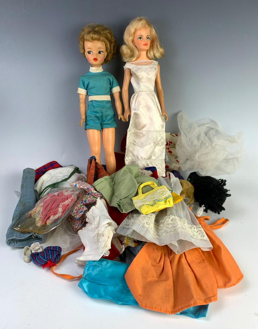 Lot of Two Fashion Dolls Plus Miscellaneous: "Tammy" by Ideal Toy Company in original playsuit; Fashion Doll by Unknown Maker; 18 Pieces of Clothing plus Accessories; "Barbie" head in bubble cut, good condition