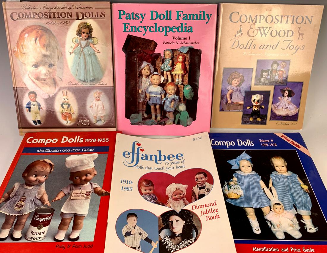 6 Doll Reference Books: Titles such as Patsy Doll Family, Composition Dolls, Compo Dolls, Effanbee, Composition and Wood Dolls, good condition
