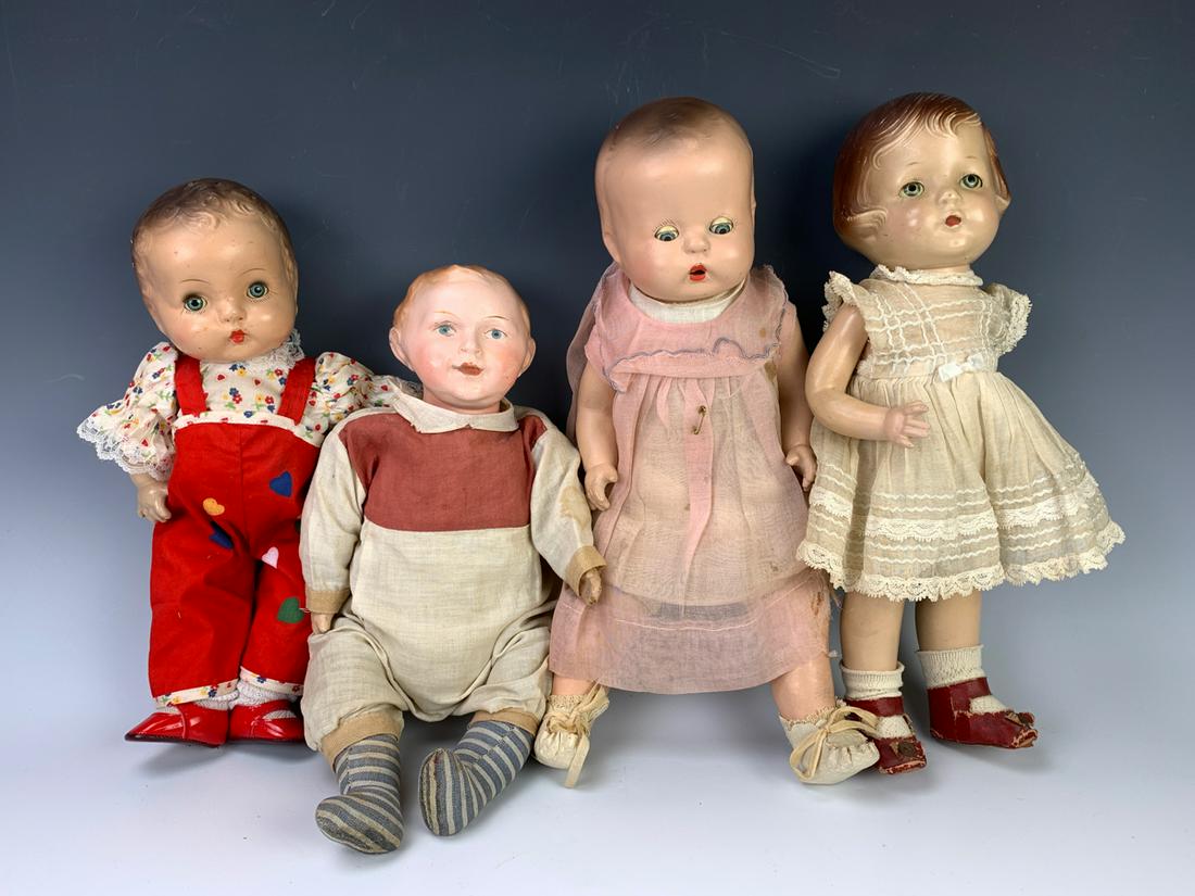 Lot of Four Dolls: 1930 Effanbee, Toddler by Horsman 1937, 1930's American composition baby, whimsical character baby 1920's, fair to good condition, largest 15", call for details.