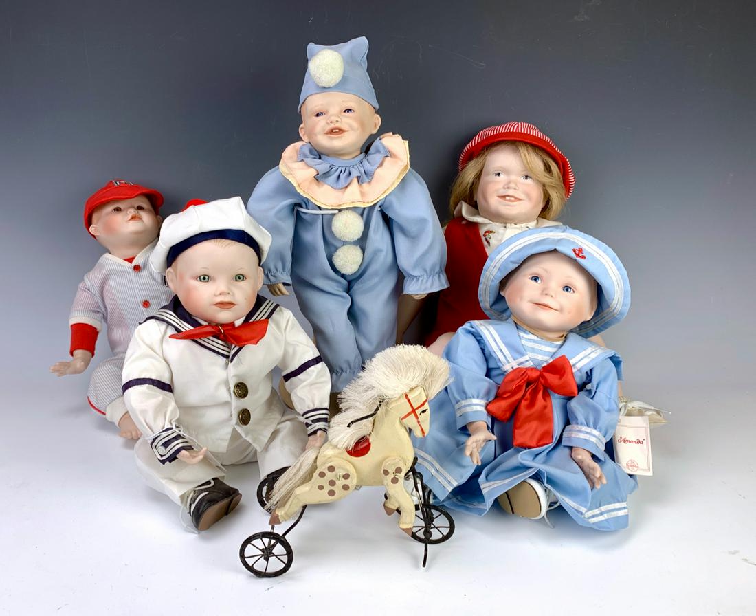 Group of Five Collectible Artist Dolls: Includes three bisque and cloth artist dolls,m Iva Welms, Yolanda Bello, Edwin M Knowles China Co "Amanda" and "Matthew" tagged, very good to excellent condition, largest 14", call for details
