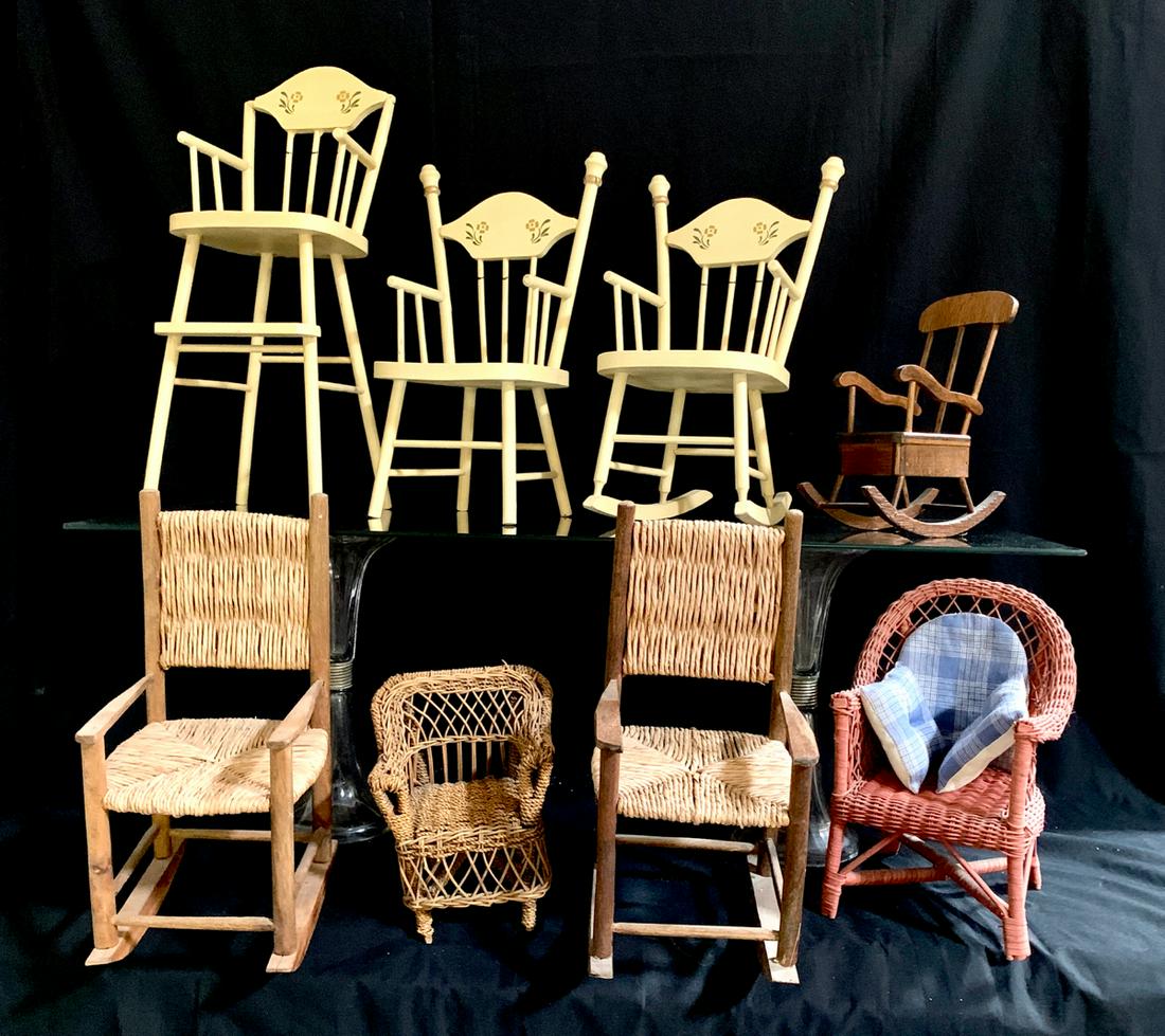 Doll Furniture-Group of 8 Miniature Chairs: Includes 3 painted yellow white, 2 rush seats, a Boston rocker and 2 wicker, very good condition, 1 small wicker with broken leg, 19" tallest