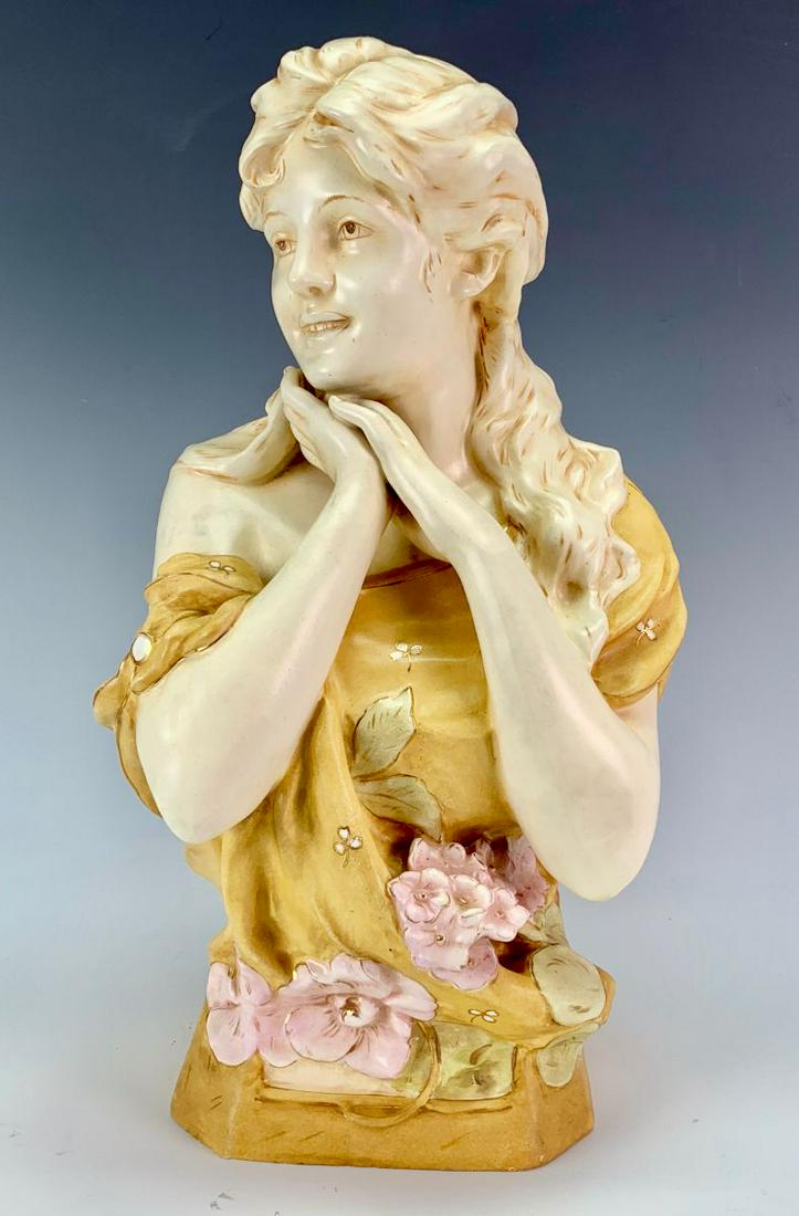 Royal Dux Polychrome Art Nouveau Lady C. 1900: Royal Dux (Bohemia, Austria), young woman with flowers near base, polychrome satin glaze, marked with numbers, very good condition, 16" x 9"