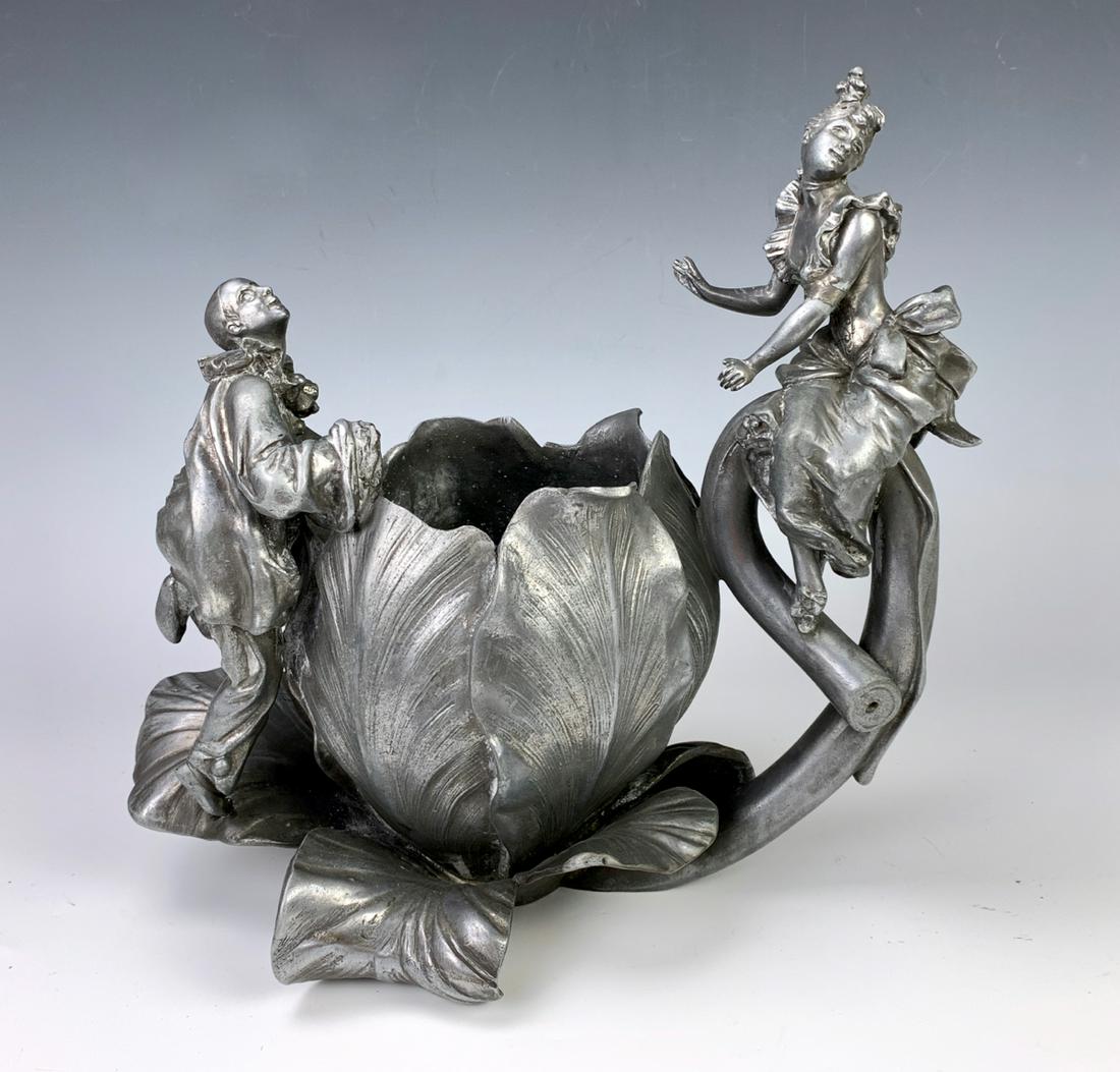 Alfred-Jean Foretay (1861-1944) Art Nouveau Vase: Circa 1900, amusing art nouveau pewter vase "Pierrot et Colombine", pictured in Phillipe Dahhan's book "Etains 1900" page 149 lower right, illegible signature, good condition, 11" height