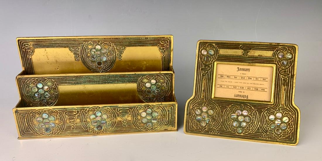 Tiffany Studios "Abalone" Letter Rack & Frame: Having a double letter rack and a frame, all signed "Tiffany Studios, New York", "1151" and "1166", good condition, rub wear commensurate with age, 9.375" x 6" largest