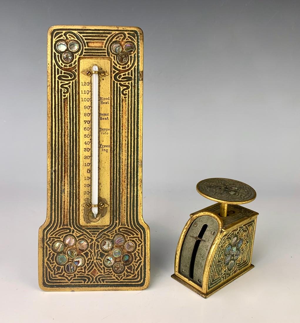 Tiffany Studios "Abalone" Thermometer & Scale: Having a thermometer and scale, both marked "Tiffany Studios, New York", "1167" and "1170", thermometer has broken piece and scale is missing paper with weights, rub wear commensurate with age, 9" x 3