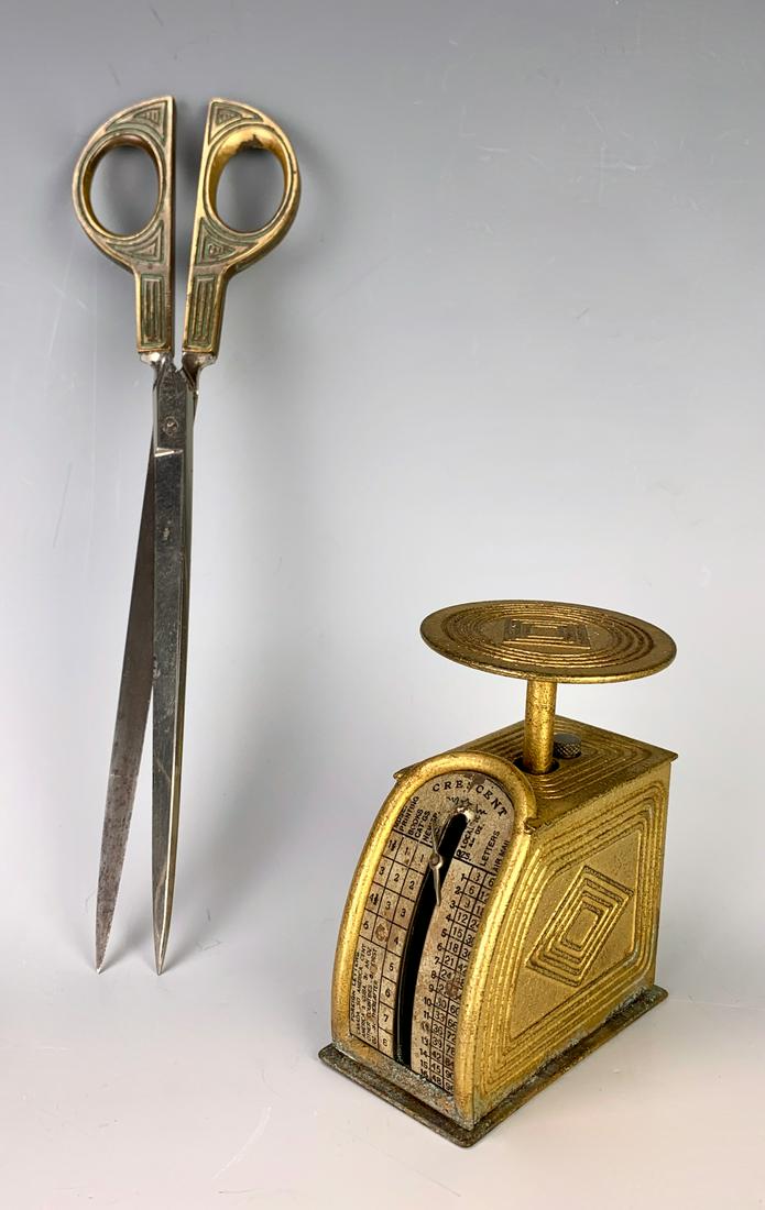 Tiffany Studios "Graduate" Scale and Scissors: Consisting of a Tiffany Studios "Graduate" pattern scale and rare scissors, scale marked "Tiffany Studios, New York 1806" and scissors marked "Tiffany Studios, New York 1032", scale has minor oxidatio