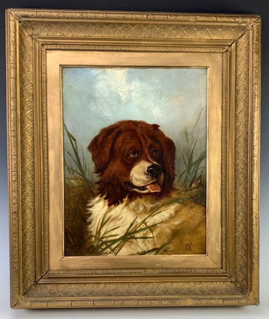 Follower of Richard Ansdell (1815-1885) "Gun Dog": Oil on canvas, has monogram on lower right, depicts a gun dog in marsh, gun dogs were developed to assist hunters in finding and retrieving game, mounted in a period antique gilt frame, 19" x 14", 27"