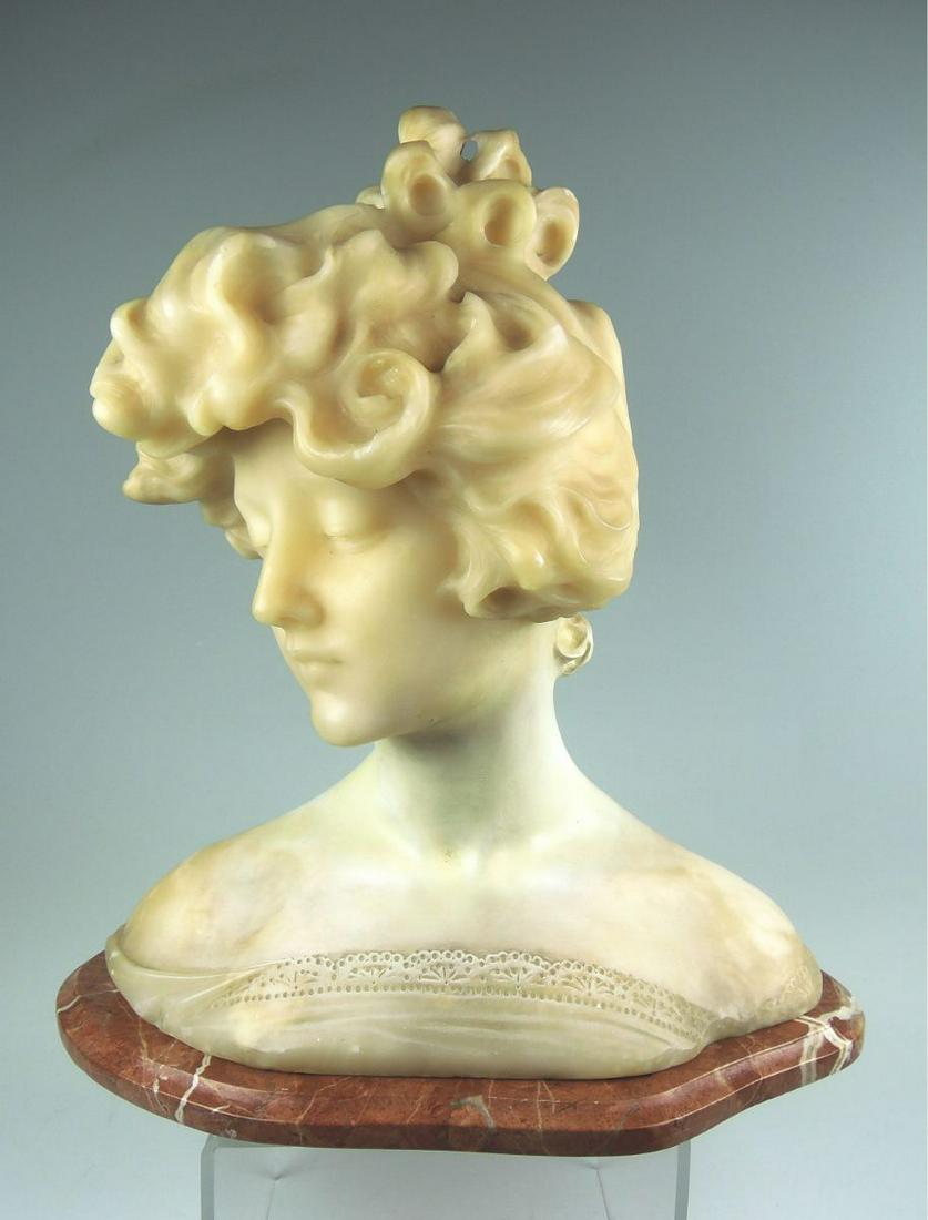 Art Nouveau Alabaster Bust: Circa 1900, finely modeled bust of a lady, alabaster, mounted on a refuge marble plinth, very good condition, 17" height