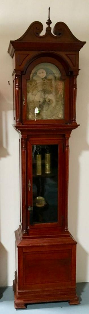 A. Stowell (Boston, MA) Mahogany Tall Case Clock: Circa 18th century (?), beautiful tall case clock with brass dial and second hand plus day of the month strike the hour on a wire gong, comes with 2 original weights, pedulum and key, also has a hand 