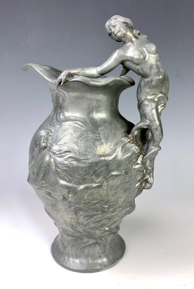 Charles Perron (1862-1934) Art Nouveau Vase: Circa 1900, wonderful original pewter art nouveau vase, depicts a naked woman handle and naked ladies swimming, very good condition, 10.75" height