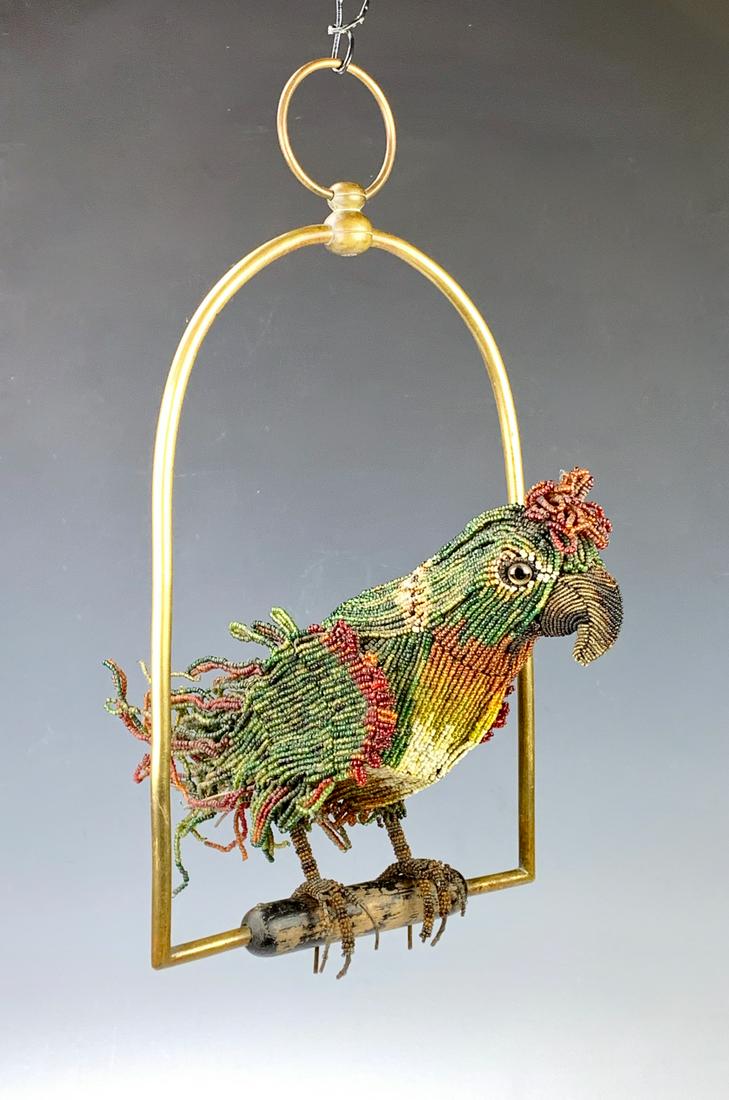 Antique Italian Beaded Parrot Lamp C. 1900: Sitting on a perch this wonderful beaded parrot lamp is missing its socket, few beads missing (minor), missing light socket, 13" parrot height, 15" perch height