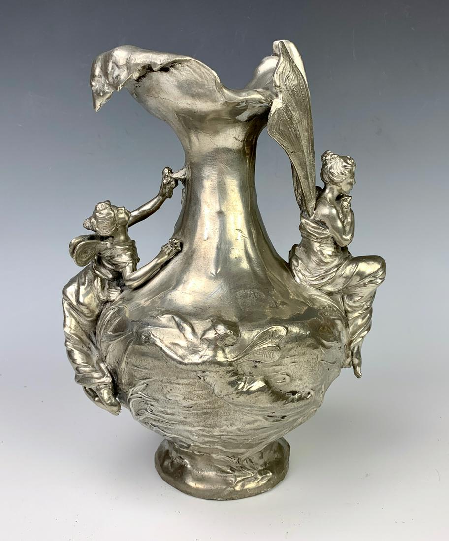 Marcel Debut (1865-1933) Art Nouveau Vase: Circa 1900, wonderful original pewter art nouveau vase, "Femmes Papillons", pictured in Phillipe Dahhan's book "Etains 1900" page 109 upper right, very good condition, 11" height