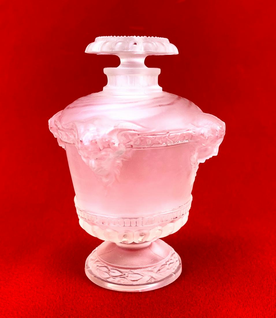 R. Lalique "Bouquet de Frances" Perfume Bottle: Circa 1925, fragrance by Guerlain, white frosted glass, marked "Guerlain Paris", small chips on stopper, 3.875" height