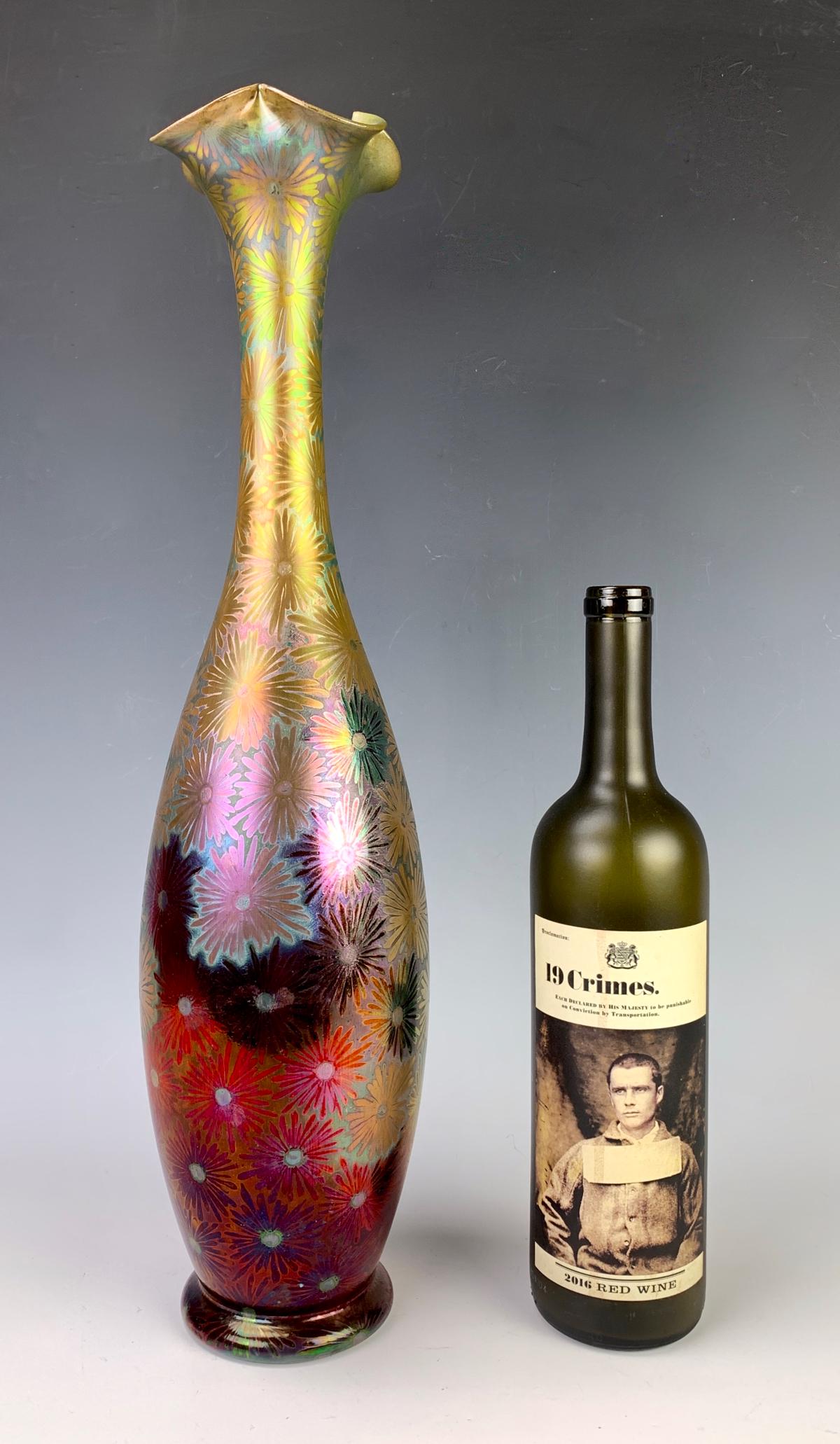 Clement Massier (1844-1917) Art Nouveau Vase: Rare and beautiful Clement Massier large lustre glaze pottery vase, floral design in metallic colors of red, gold, blue, signed in pottery "Clement Massier Gold Juan Am" and original paper label, very