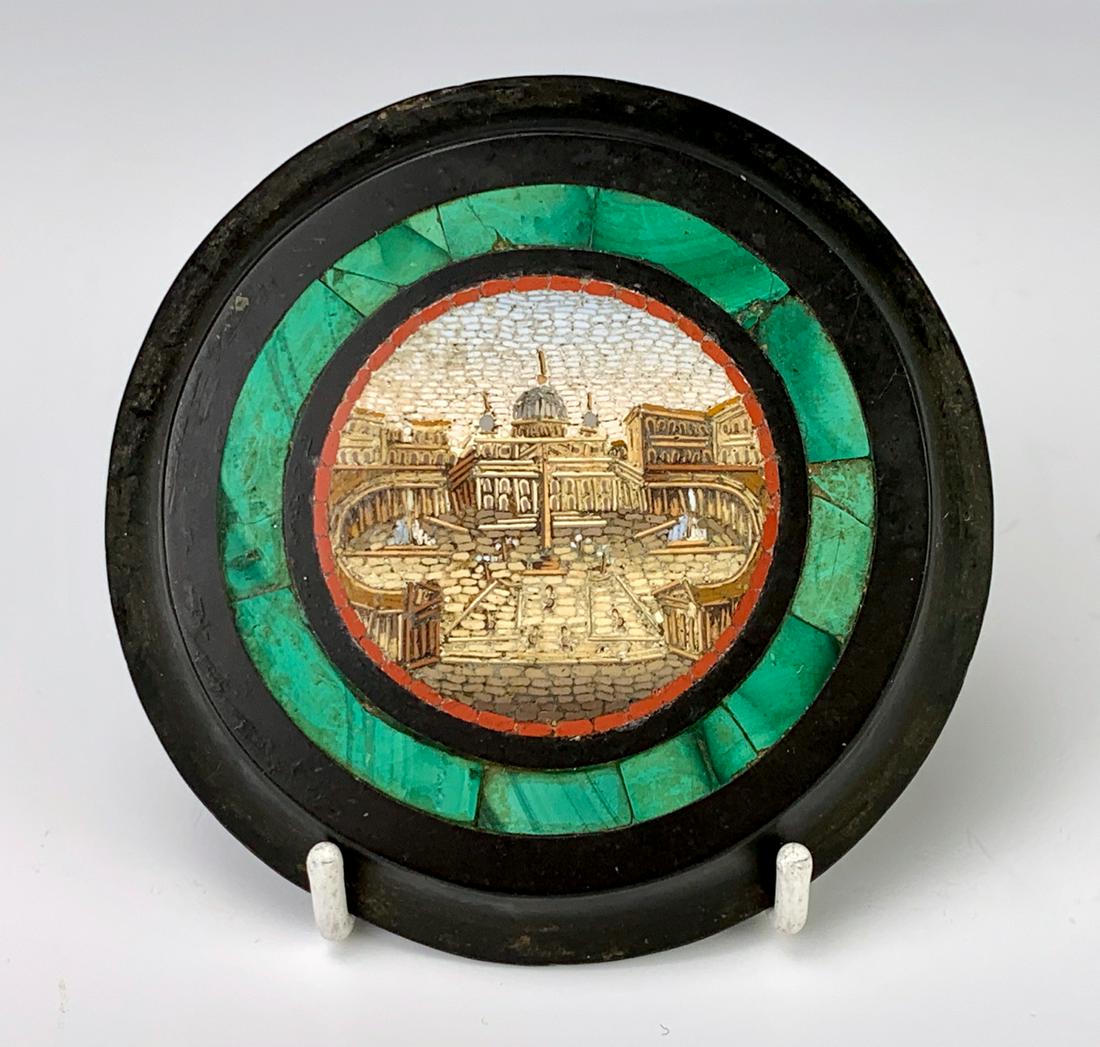 Grand Tour Micro Mosaic Paperweight: Round shape, having a fine micro mosaic scene of the Vatican surrounded by green malachite inlaid framing within a black marble base, good condition, some of malachite have cracks, 2.75" diameter, 1.2