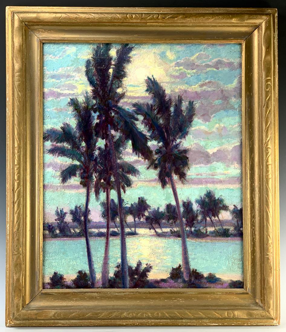 Charles Drogkamp "Moonlight, Puerto Rico": Beautiful oil on canvas by Charles Drogkamp (1884-1958) a Los Angeles artist, he studied at the American Academy in Chicago under John Francis Smith and John Vanderpoel, well listed artist signed on l