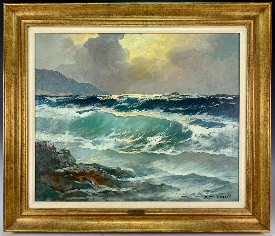 Alexander D'Zigurski "Sunlit Sea" Painting: Alexander D'Zigurski (1911-1968), known for his seascapes, depicting waves crashing in Southern California, oil on canvas, signed lower right, mounted in a gilt frame, very good condition, 23" x 28",