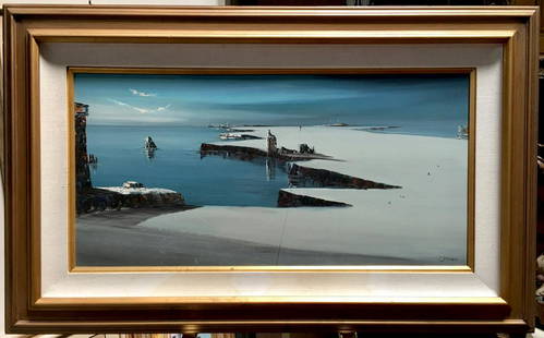 John J Stancin Coastal Painting: Circa 20th century, surrealist oil on canvas by John Stancin, a well listed neo-romantic painter with a highly individualized style and known as a surrealist, experimentalist and an abstract iionist,