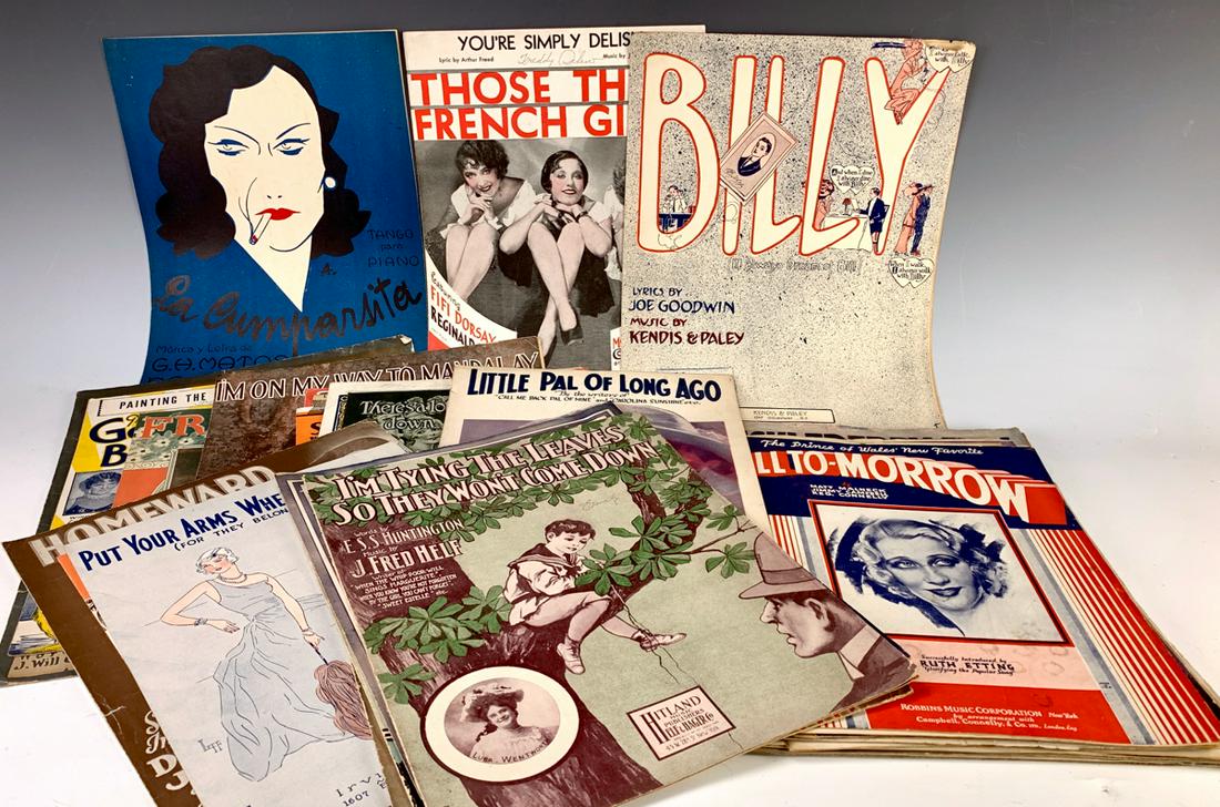 Over 50 Vintage Sheet Music Circa 1900: Titles like Good Morning Mr Zip-Zip-Zip, It Ain't Going to Rain Anymo Mary Lou, Freckles, Gold Diggers of Broadway, Smiles and many more, mostly all good condition