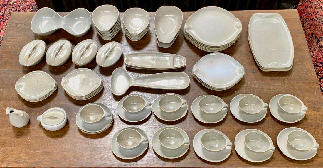 Roseville Raymor Mid Century Modern 73 Pieces: Circa 1952, great dinnerware set of Roseville Raymor, fantastic design in grey color, most marked "Roseville Raymor USA", very good condition