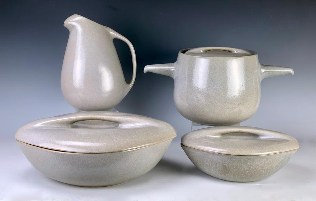 Roseville Raymor Mid Century Modern 4 Serving Pcs: Circa 1952, 4 large hard to find Raymor serving pieces, including water pitcher, bean pot, medium casserole dish and very hard to find large casserole dish, very good condition, 14.5" largest diameter