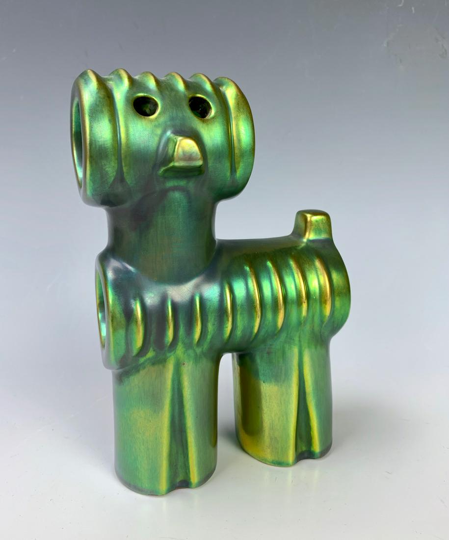 Zsolnay Eosin Modernist Dog Figurine: Made of porcelain with a green gold iridescence, factory marked, made in Hungary, very good condition, 7" height