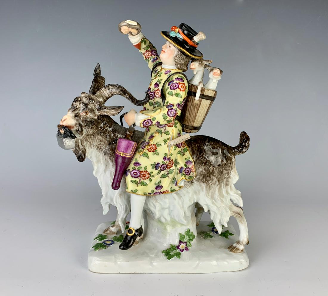 German Meissen "Count Bruhl's" Tailor Figurine: Marked with underglaze blue crosssed swords, tip of scissors broken off and small goat has broken ear, 8.5" x 7"