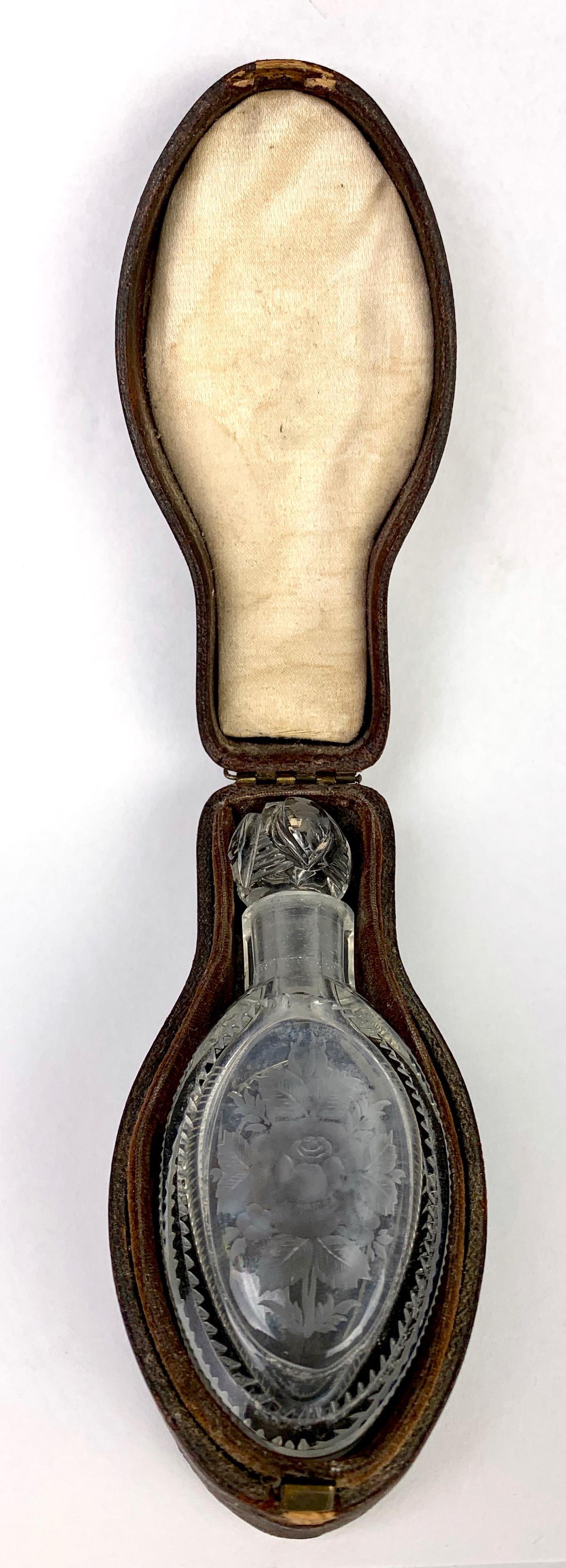 Antique Cut Glass Perfume Flask with Case: Circa 1880, nicely carved glass bottle in original fitted case, good condition, 4" length
