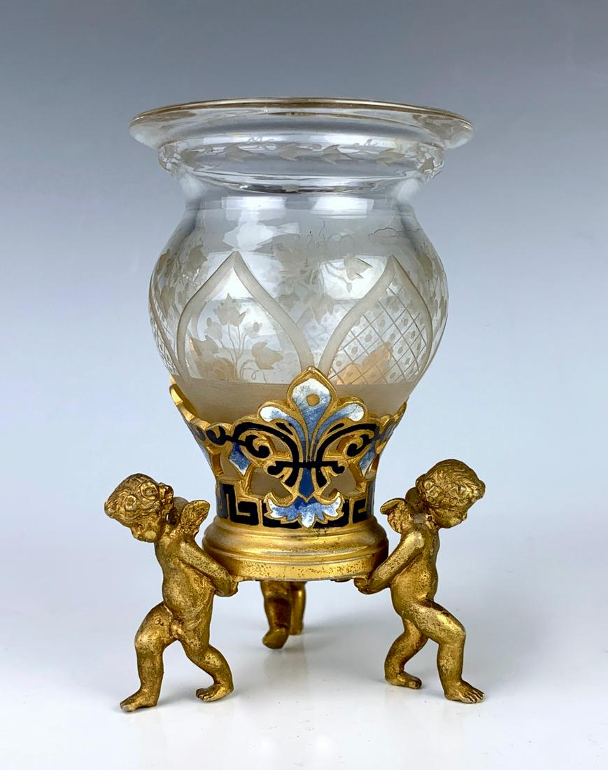 French Champleve Enamel & Etched Glass Vase: Circa 1880, champleve enamel, bronze and etched glass, vase supported by 3 cherubs, signed on bottom "Susse Freres", very good condition, wear commensurate with age and use, 4" height