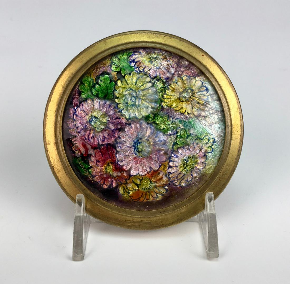 Camille Faure (1875-1956) Enamel Flowers Compact: Ladies compact in brass having enameled flowers, signed on enamel "Faure France", minor craquelure to enamel that is hardly noticeable, 3" (7cm) diameter