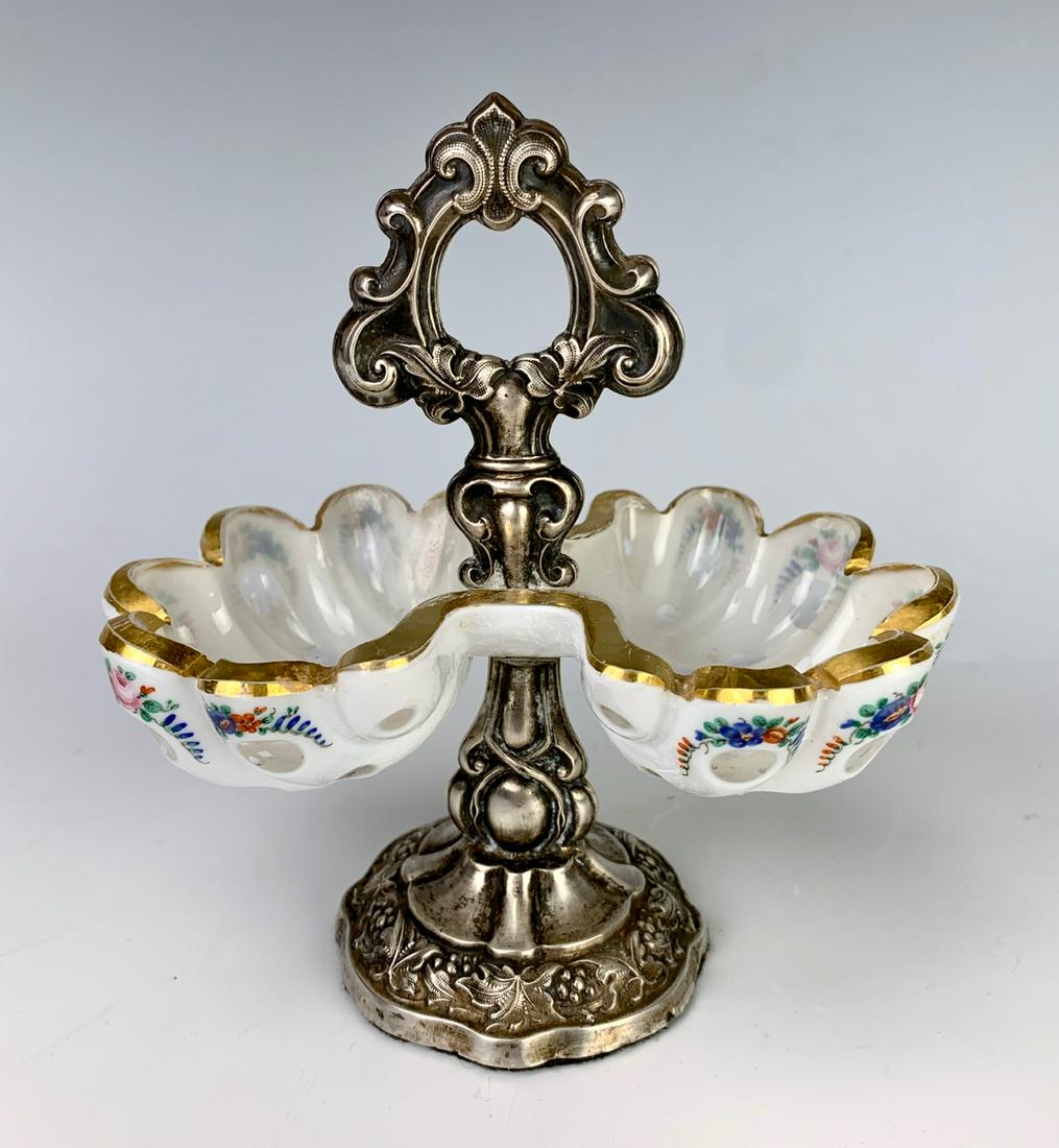 Moser Glass and 800 Silver Double Salt: Having shell shaped Moser glass double salts with 800 silver handled stand, good condition, silver tarnished, 5.25" height